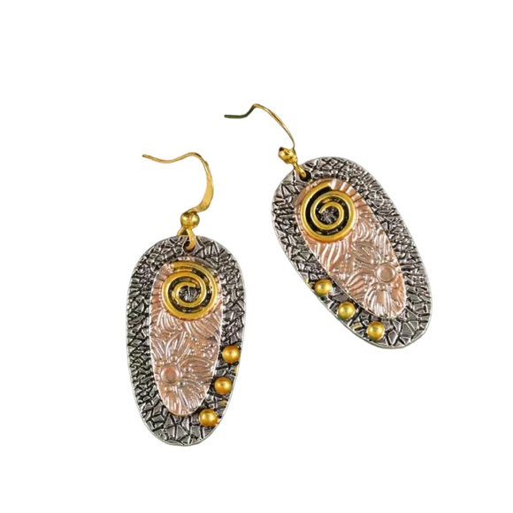 Boho Style Mixed Metal Geometric Floral Drop Earrings - Picture 2 of 5